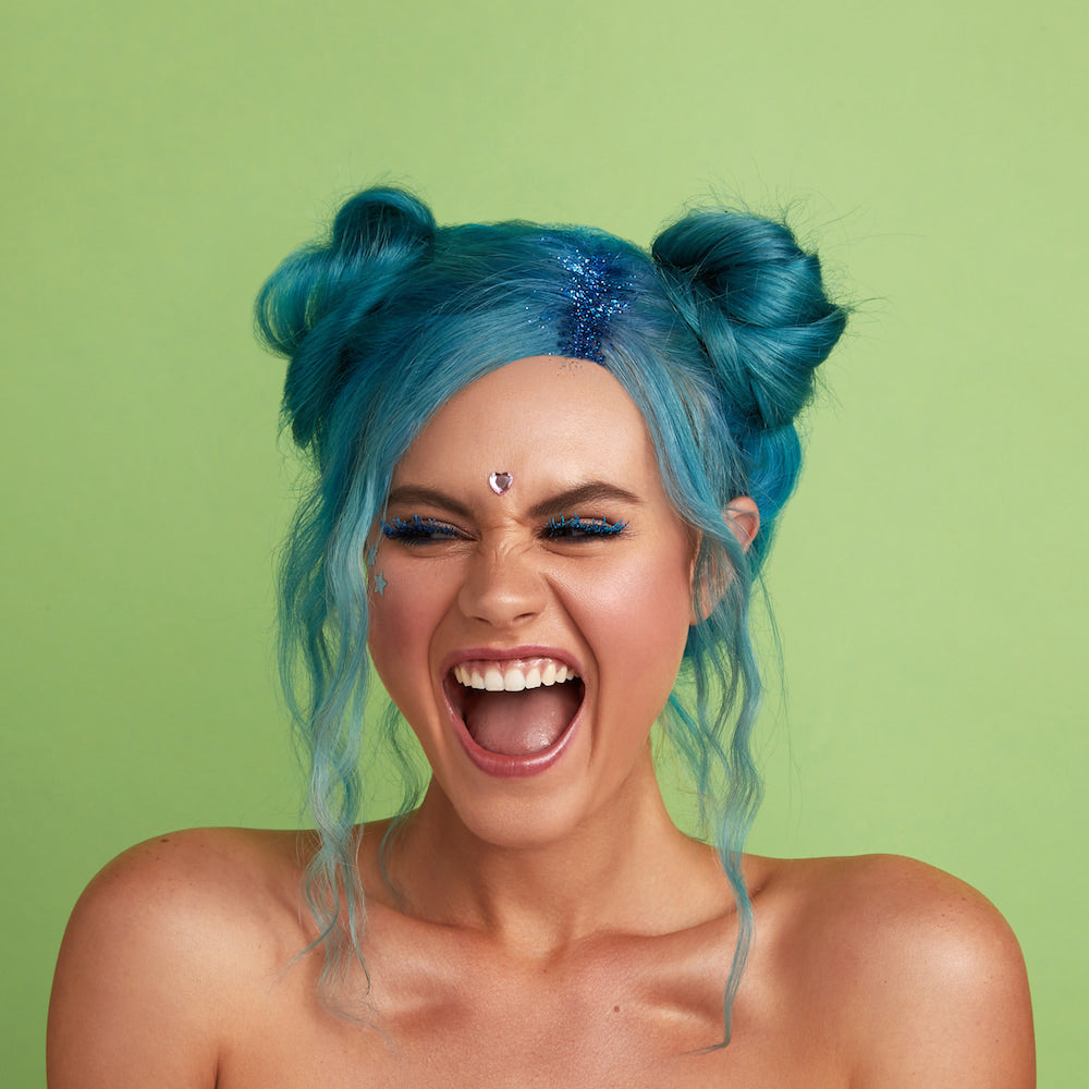 Blue space buns coloured hair